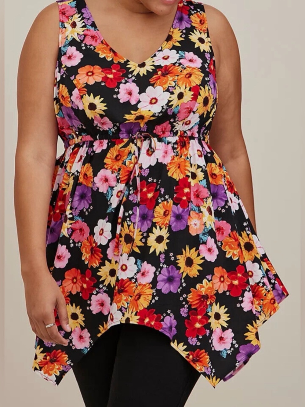 Torrid Challis Stretch Babydoll Hanky Hem Top Black Multi Size 00 M/L Floral